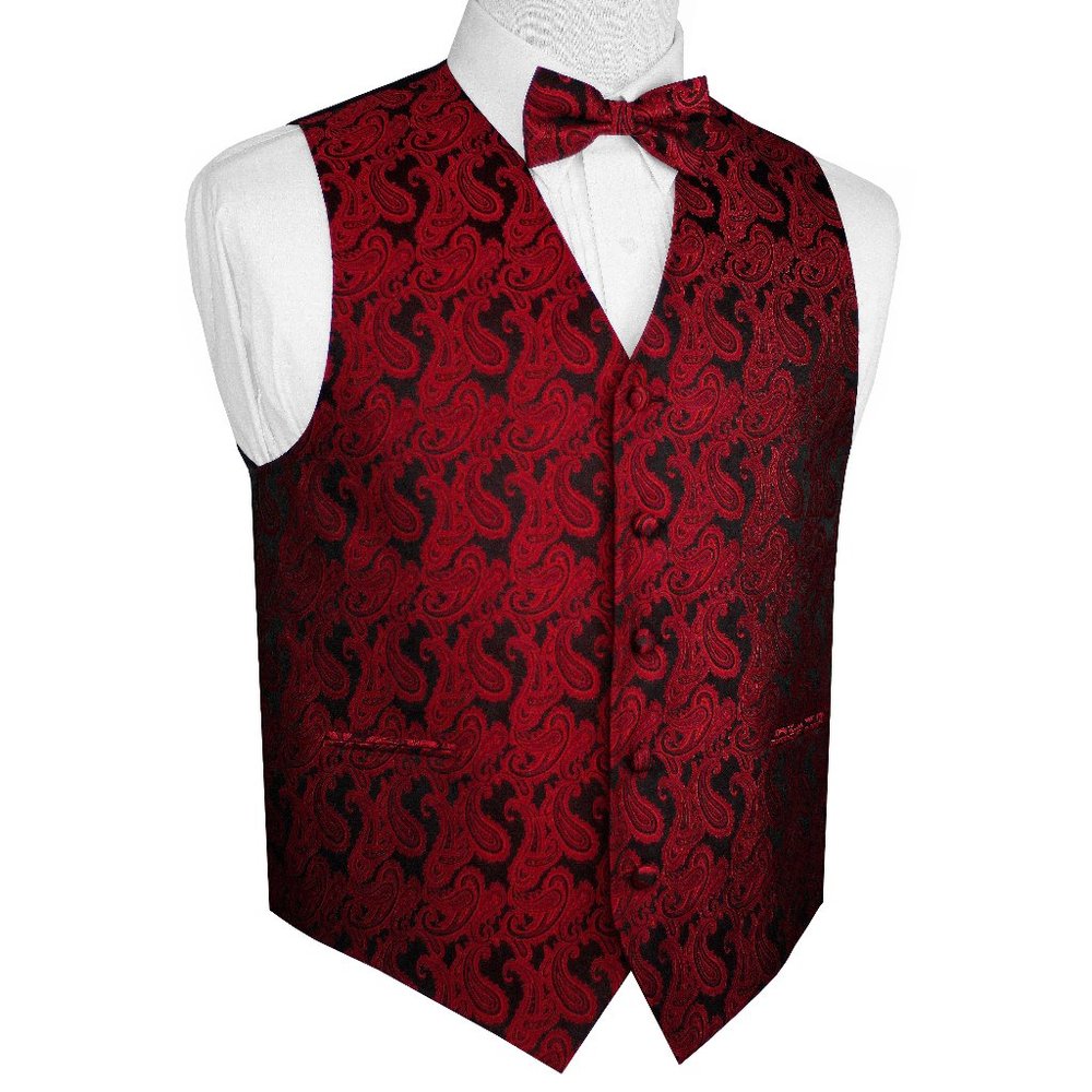 Men's Formal Wedding Prom Homecoming Tuxedo Vest Bow-Tie Hankie - Apple Paisley